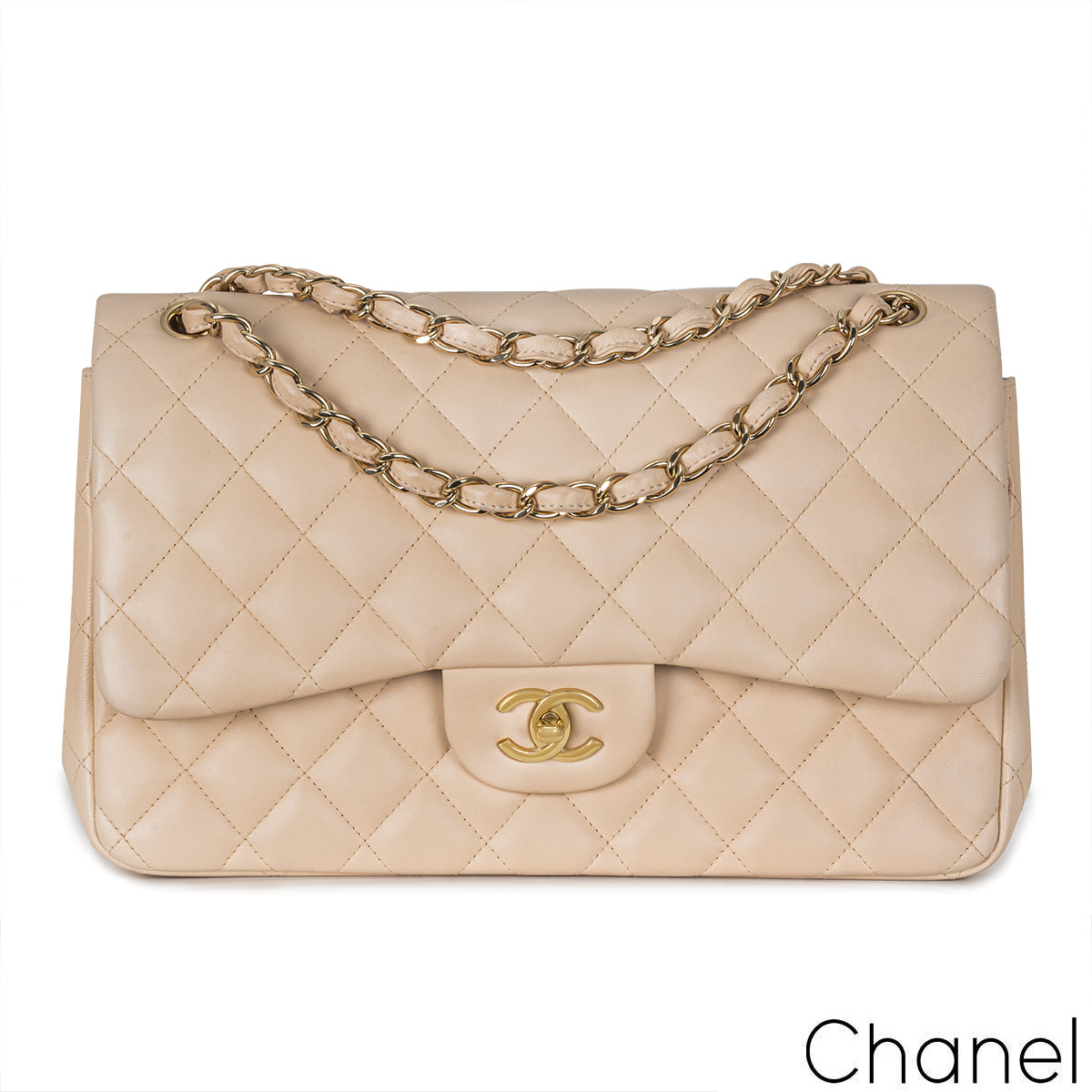 💯% Authentic Chanel Beige Caviar Quilted Jumbo Double Flap Bag with GHW